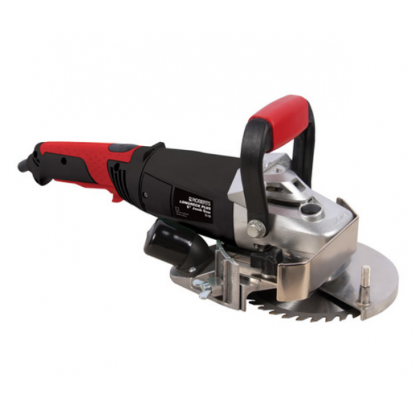 Circular saw with red and black handle on a white background