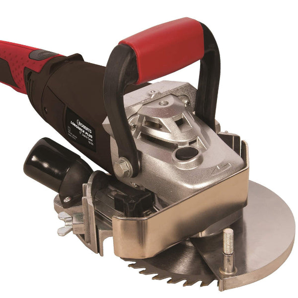 Circular saw with red and black handles on a white background