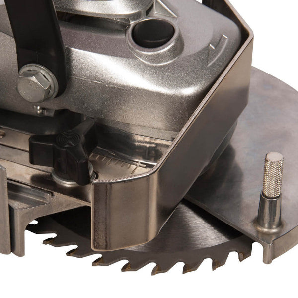Close-up of a circular saw blade and motor housing on a white background