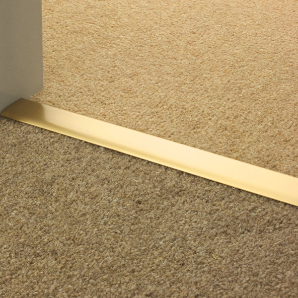 Stairrods Premier DoubleZ Flooring Trim in polished metal finish installed between two carpet colours