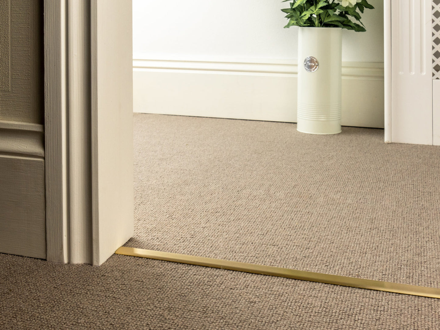 Stairrods Premier Slim D Floor Trim in brass finish installed on beige carpeted floor doorway