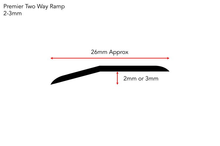 Diagram of Stairrods Premier Two Way Ramp Flooring Trim showing 26mm length and 2 to 3mm height dimensions