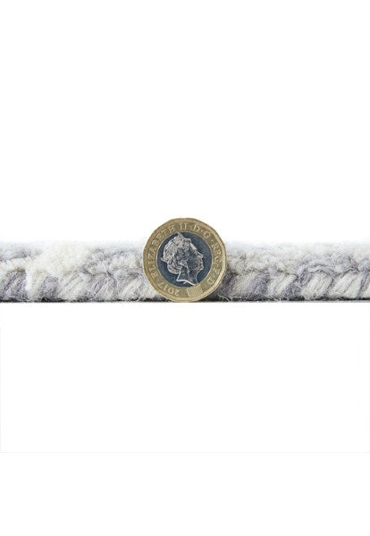 Close-up side view of thick soft rug pile from The Hampton Collection by Melrose Interiors with coin for scale