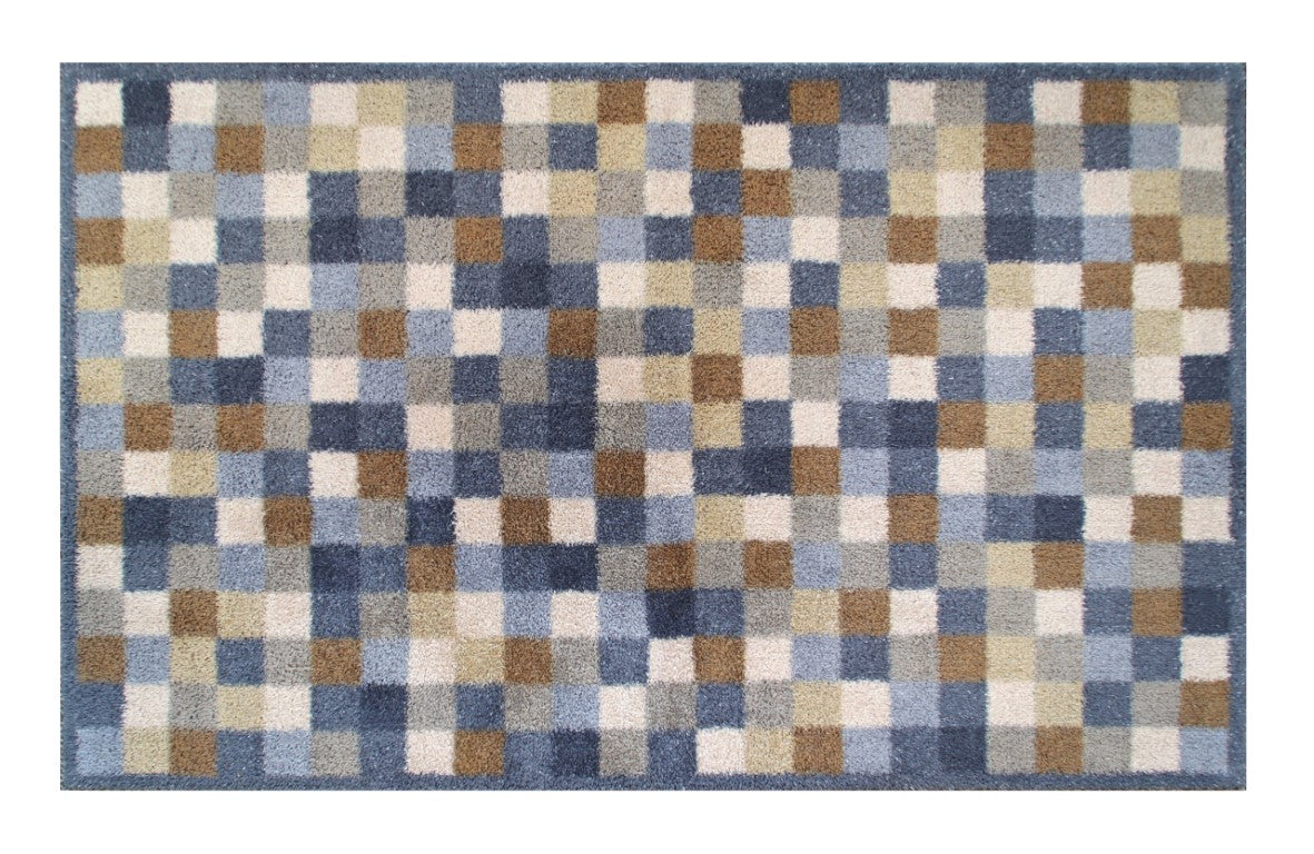 Turtle Mats Neutral Squares Indoor Floor Mat with blue brown and beige checkered design