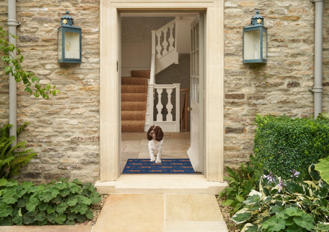 Turtle Mats Running Mr Fox Design floor mat placed at the entrance with a dog standing on it inside a stone house