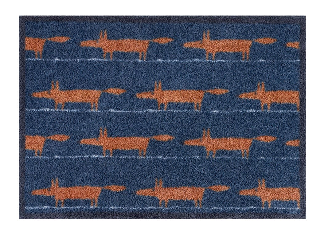 Turtle Mats Running Mr Fox Design floor mat in blue with orange fox patterns perfect for home or office