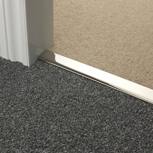 Stairrods Premier DoubleZ Trim metal carpet edging in polished silver finish between grey and beige carpet