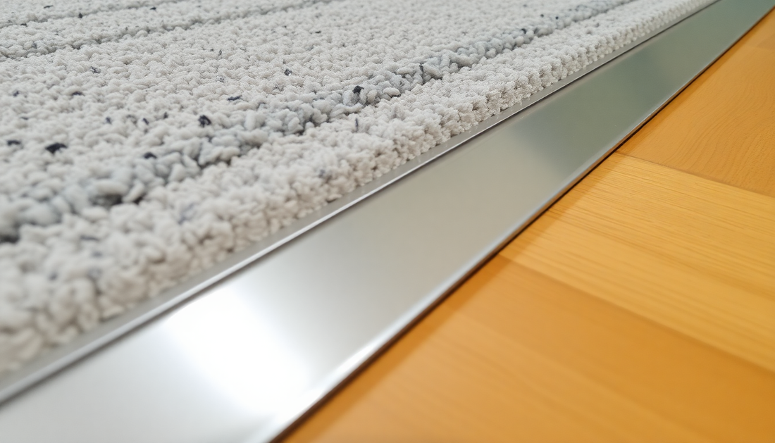 Close-up of silver flooring trim between carpet and wooden floor in Stairrods flooring trims review