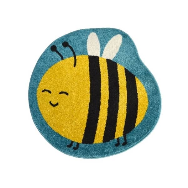 Colourful novelty and kids rugs featuring a cheerful bee design in a bright playroom setting