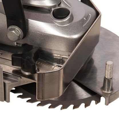 Close-up of a circular saw blade and motor housing on a white background