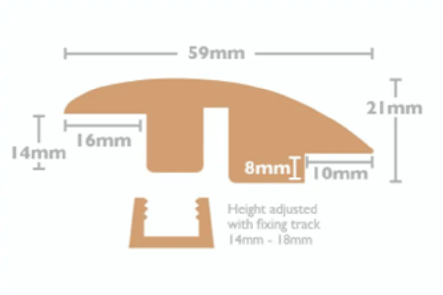 Bespoke Wood Flooring Accessories profile diagram showing dimensions for height adjustment and fixing track