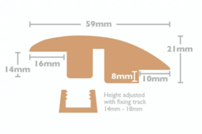 Bespoke Wood Flooring Accessories profile diagram showing dimensions for height adjustment and fixing track