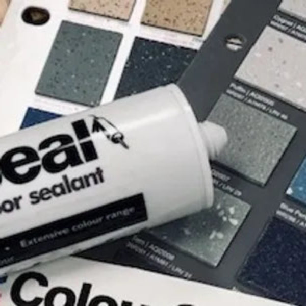 Tube of ColourSeal floor sealant with color swatches in the background