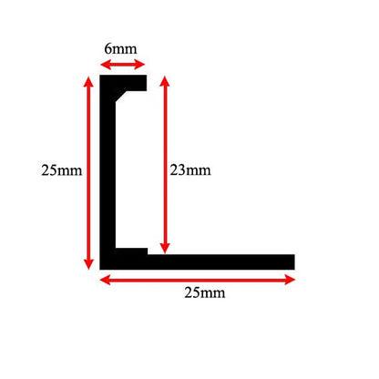 Diagram showing dimensions of Stairrods Premier Dividers with 25mm height and width and 6mm inner thickness