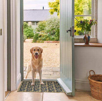 Turtle Mats - ROSEHIP Design floor mat placed at open door with dog standing on the mat indoors