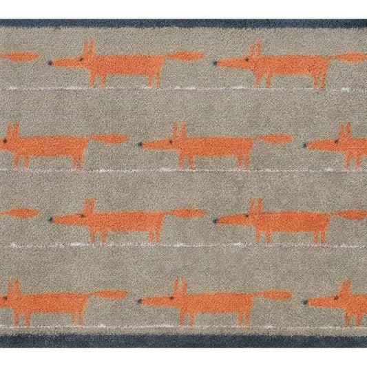 Turtle Mats Running Mr Fox Design floor mat with orange foxes on a grey background