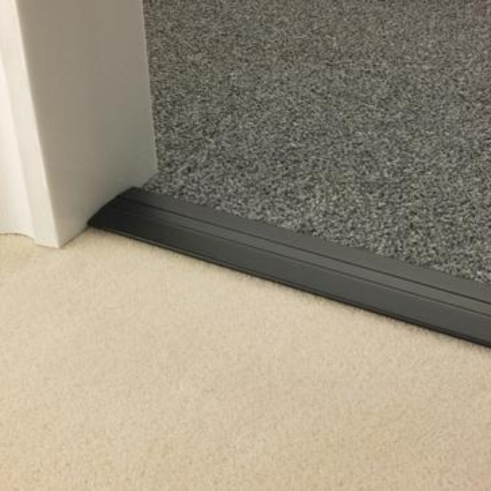 Stairrods Premier Posh Flooring Trim metal threshold strip separating grey and beige carpet flooring