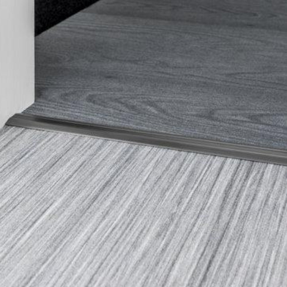 Stairrods Premier Posh Flooring Trim metal transition strip between grey wood and grey laminate flooring
