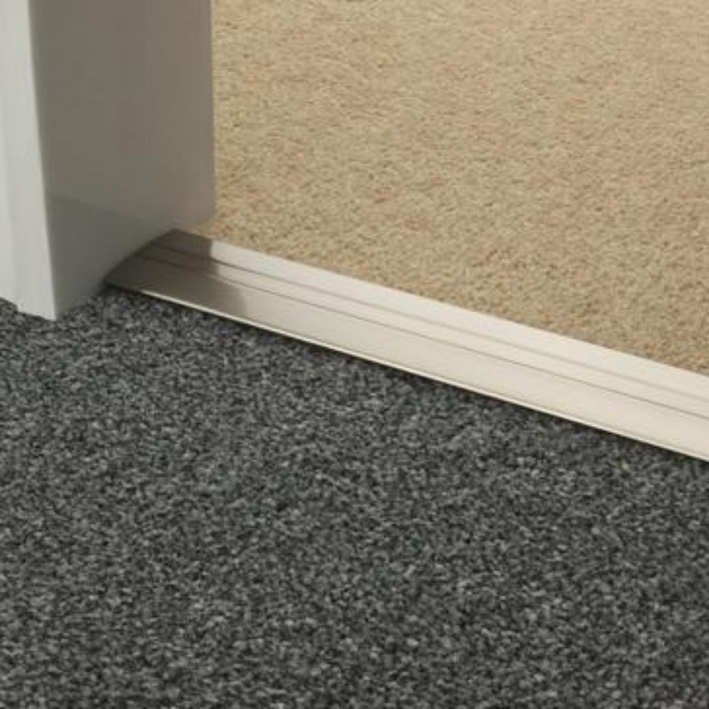 Stairrods Premier Posh Flooring Trim installed between beige and grey carpet floor edges