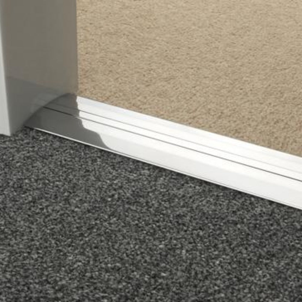 Stairrods Premier Posh Trim metal threshold strip separating grey and beige carpet flooring
