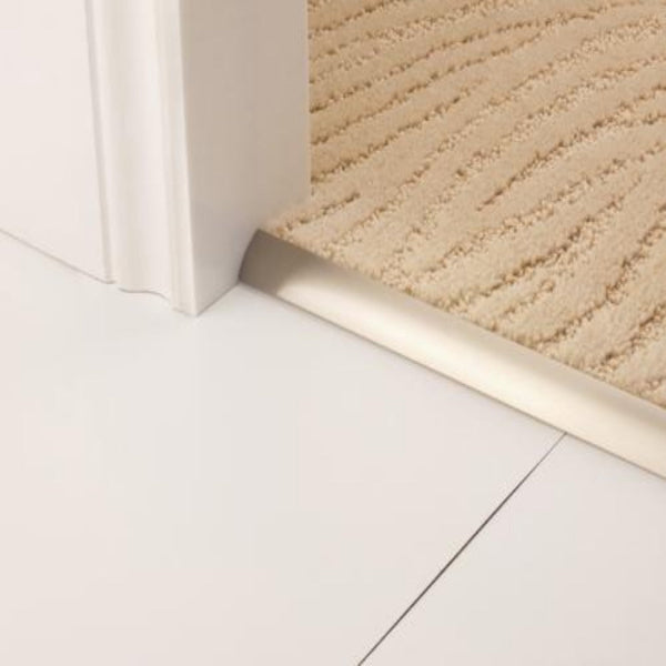 Stairrods Premier Trims Single 4, 9 or 13mm metal trim securing beige carpet to white tiled floor